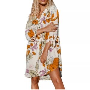 CUPSHE Cream Floral Tie-Front Tunic cover-up with Orange floral Accents